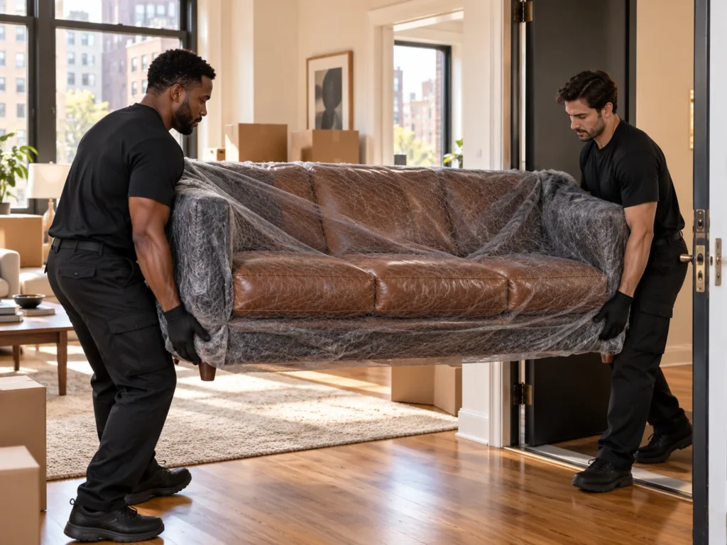 Two movers carrying a wrapped leather sofa into an apartment