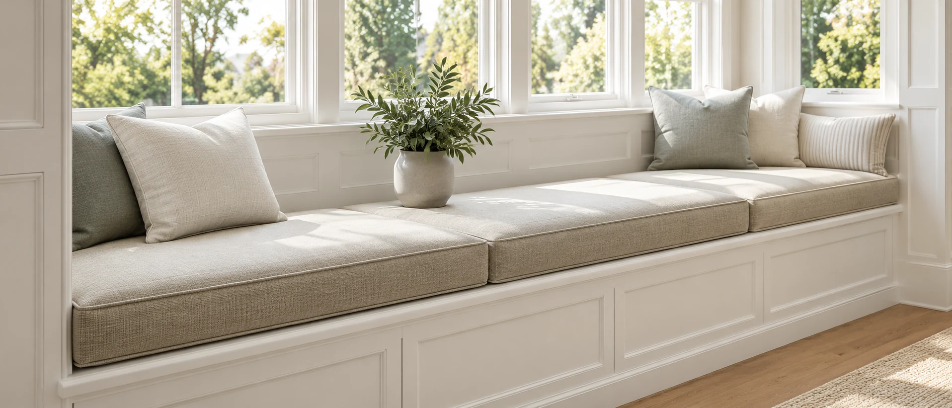 Residential window seat cushions in a bright apartment bay