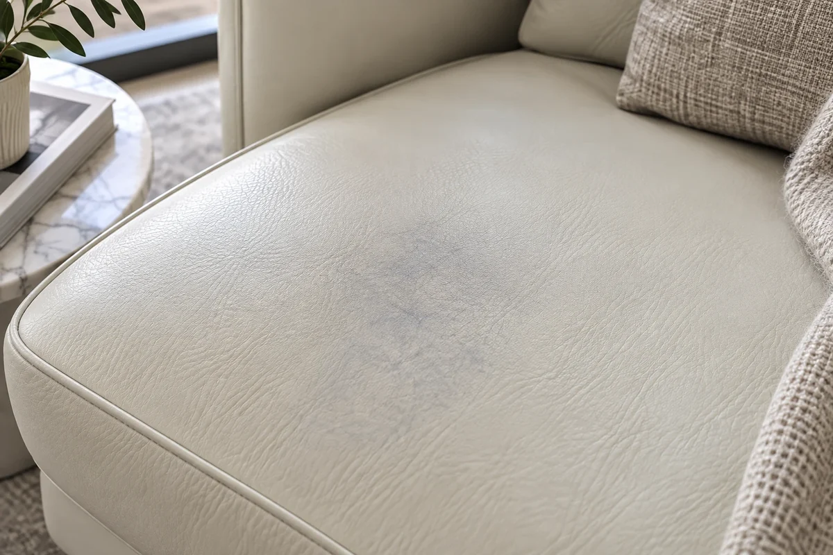 Faint blue shadow remaining on a cream leather seat after dye removal