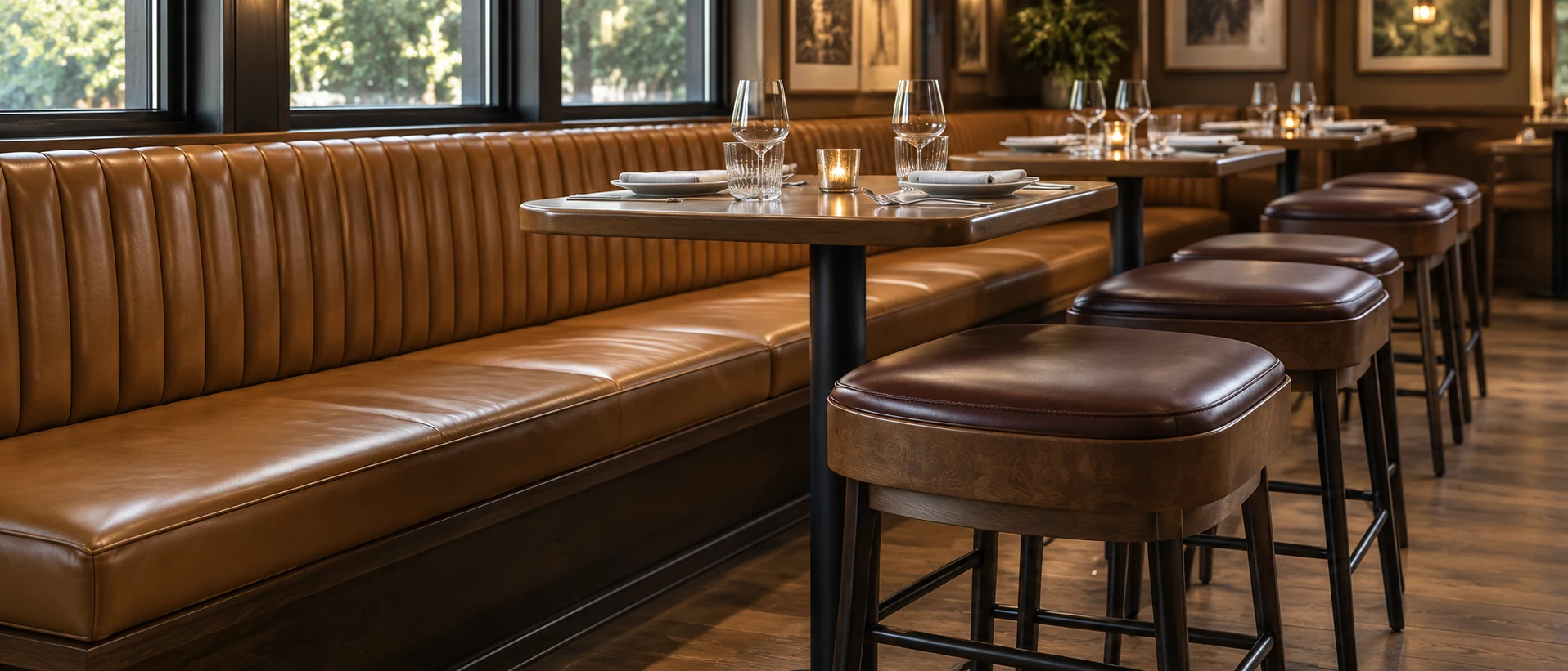 Restaurant banquette and bar stool seats in a dining room after cushion replacement