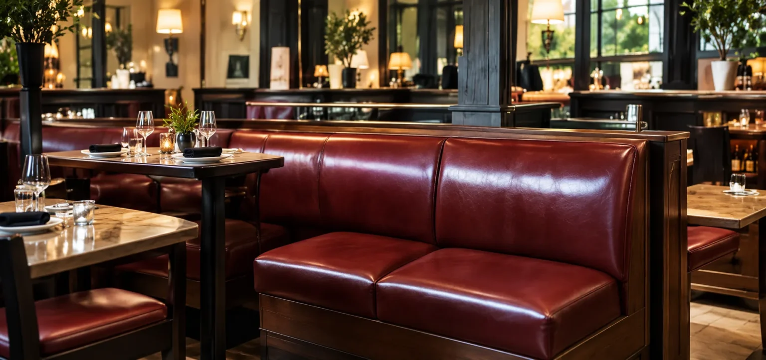 Oxblood leather banquette in a restaurant bar