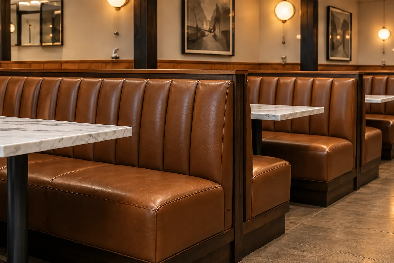 A run of tan leather restaurant booths with marble tables, every bench the same tone