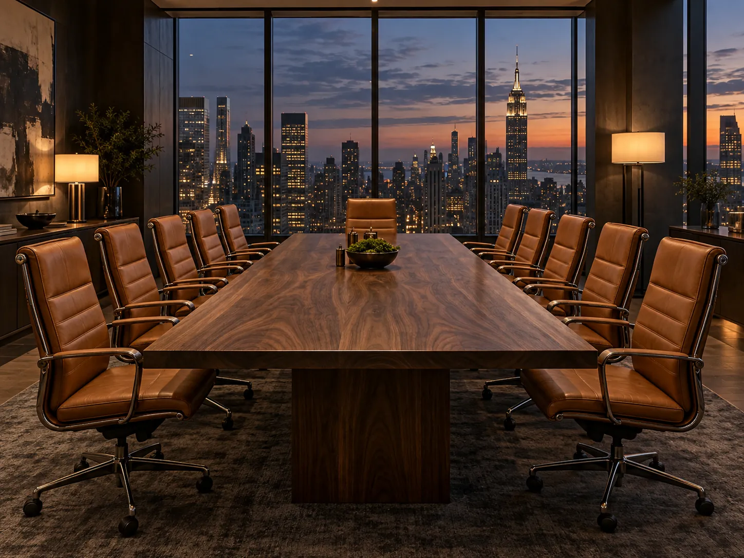 A conference room of restored cognac leather chairs around a walnut table