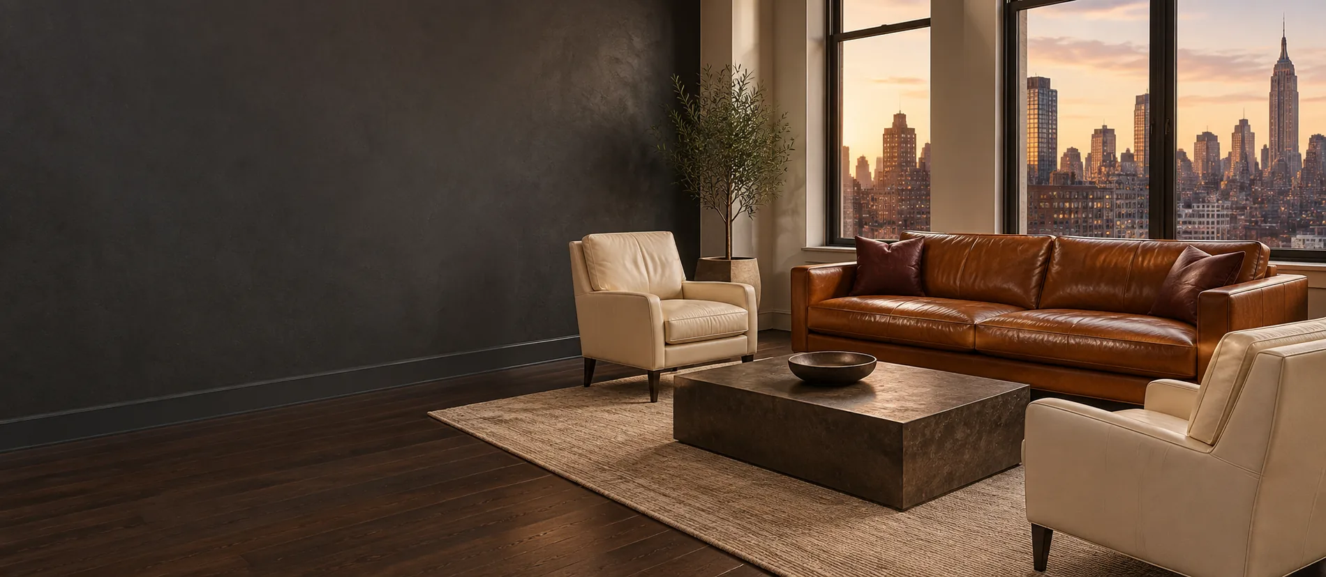 Living room with restored leather sofa and chairs after an insurance claim repair