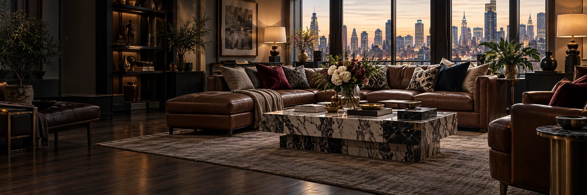 A restored leather sofa in a living room with a city view