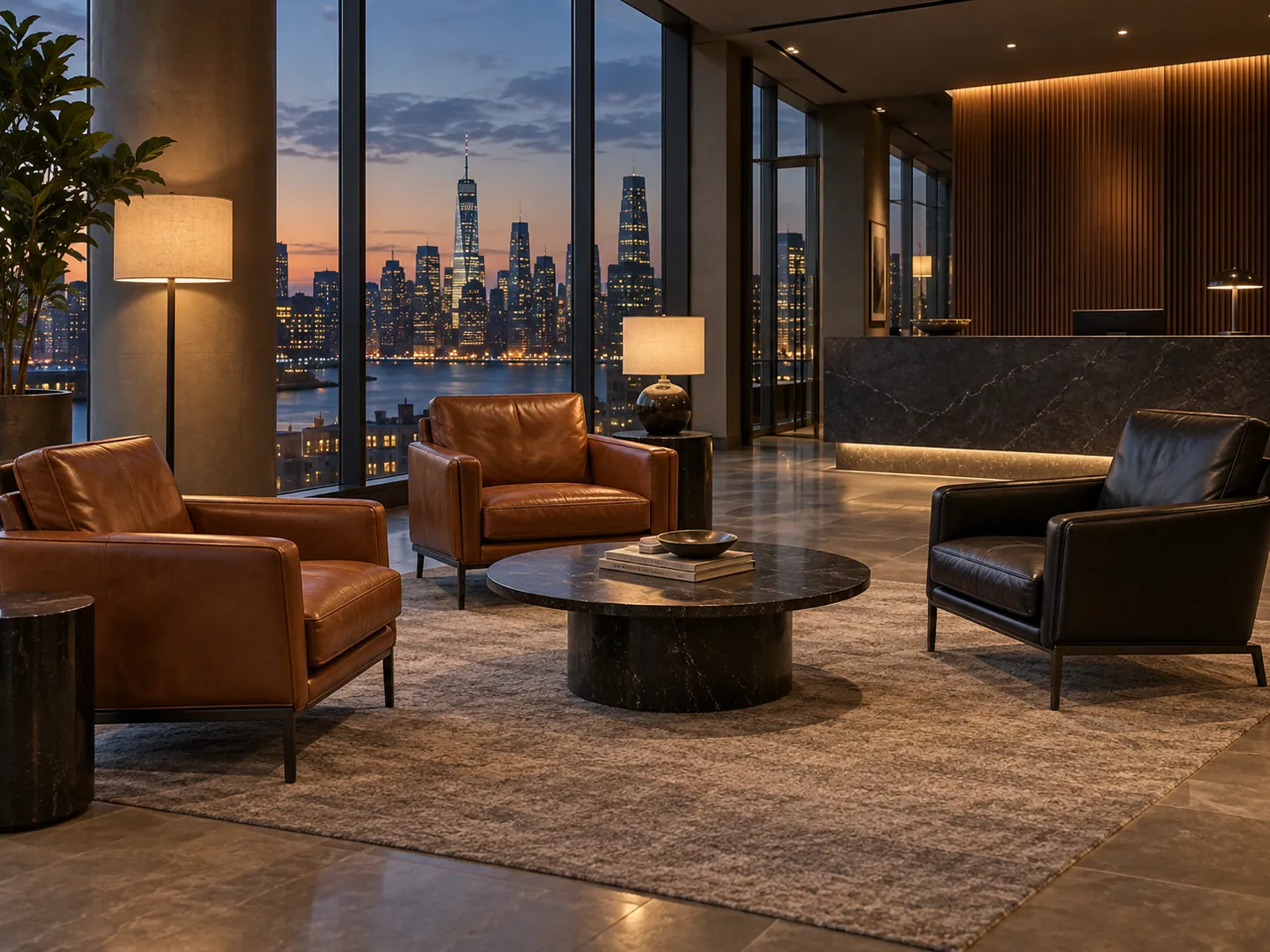 Restored leather lounge chairs in an office reception lobby