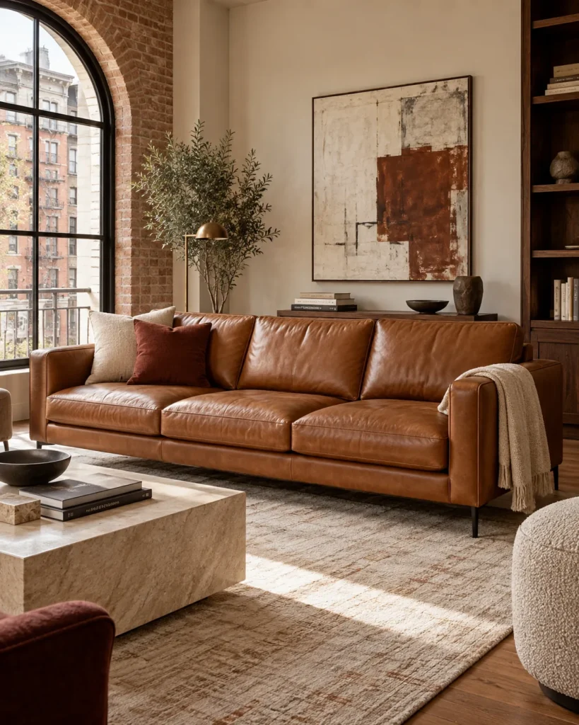 Restored cognac leather sofa in a bright living room with exposed brick, ready for listing photos