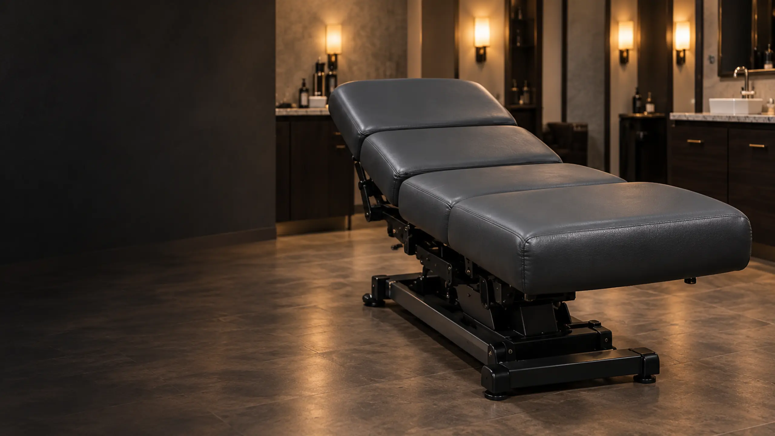 A reupholstered charcoal spa treatment table in a softly lit treatment room