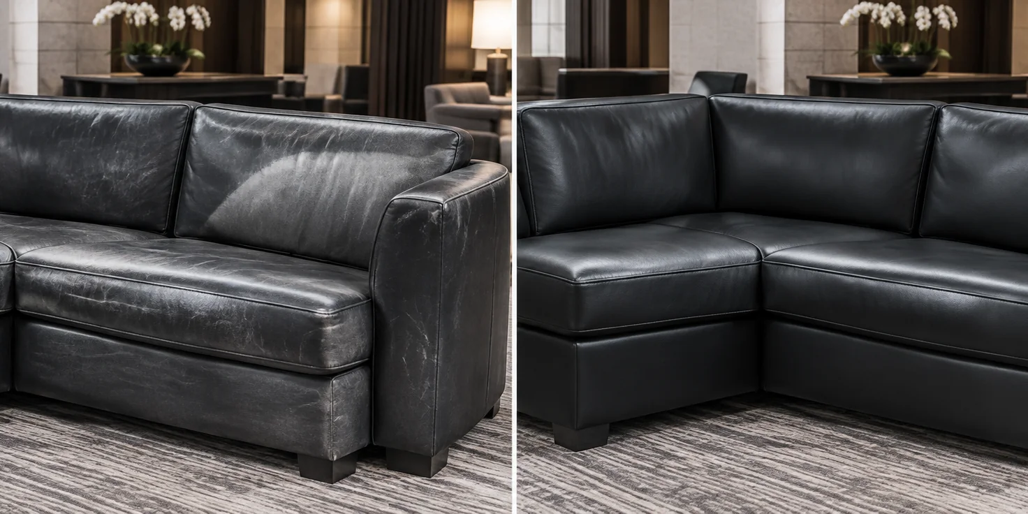 Faded hotel lobby sofa beside the same sofa after leather restoration