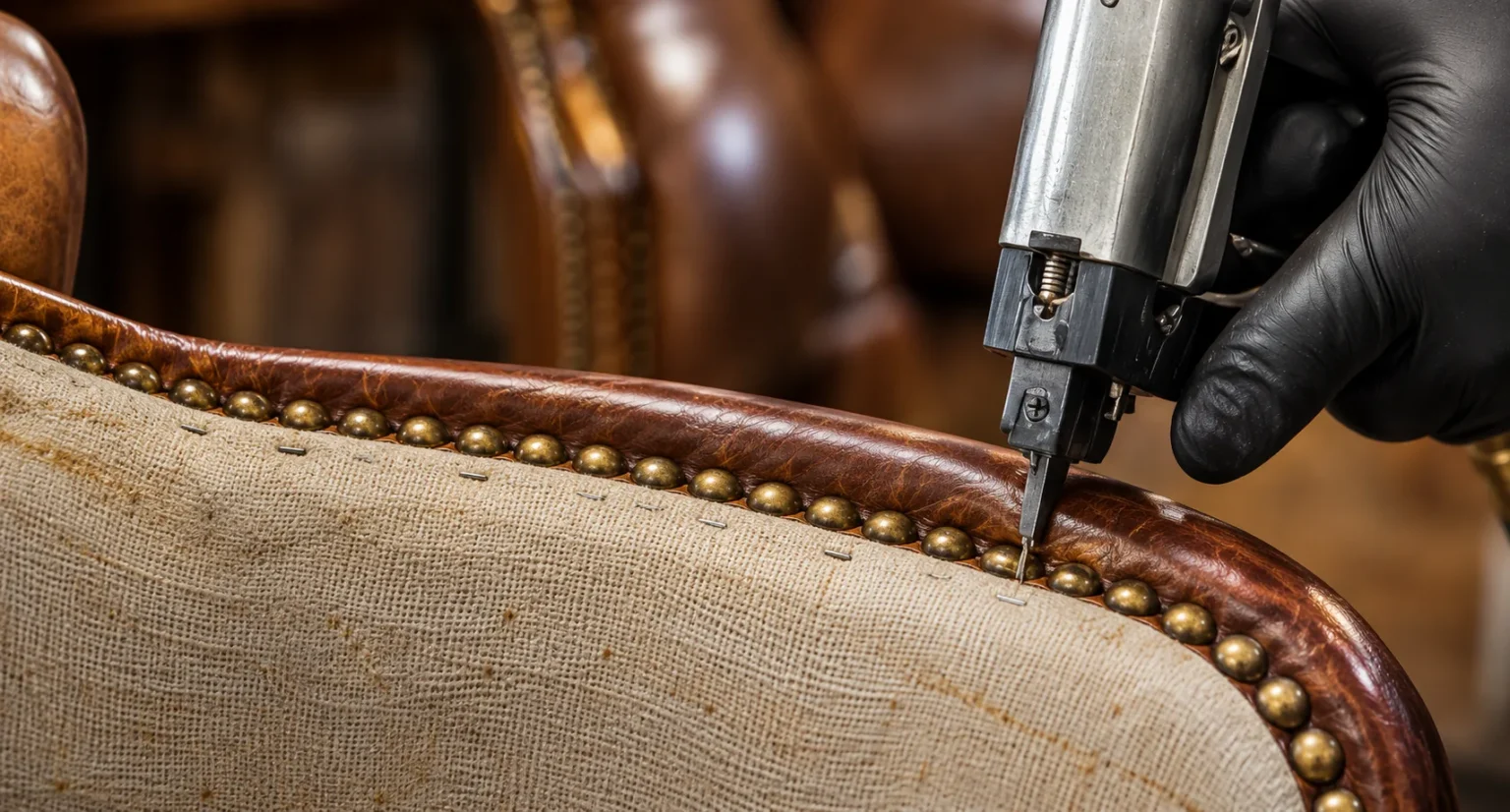Re-fixing brass nailhead trim on an antique chair during reupholstery