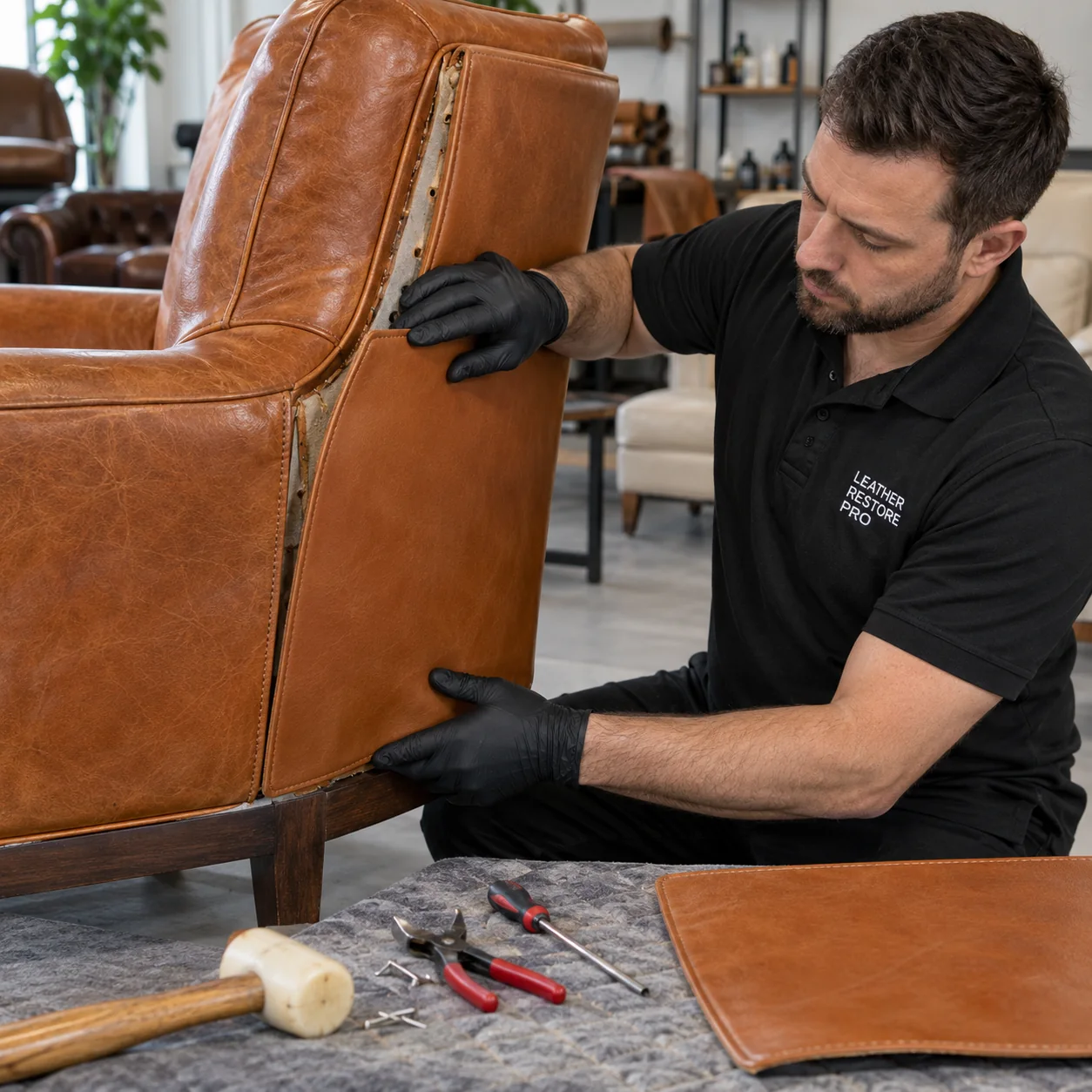 Upholsterer fitting a new leather panel to a chair