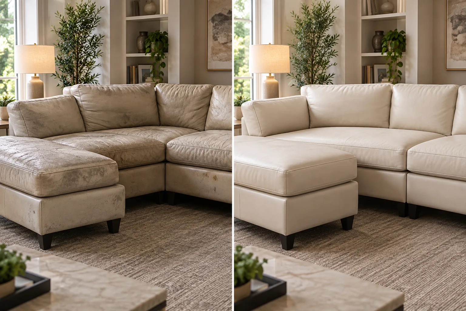A cream sectional with a chaise, the seats crushed and marked, and the same sectional recovered in fresh cream