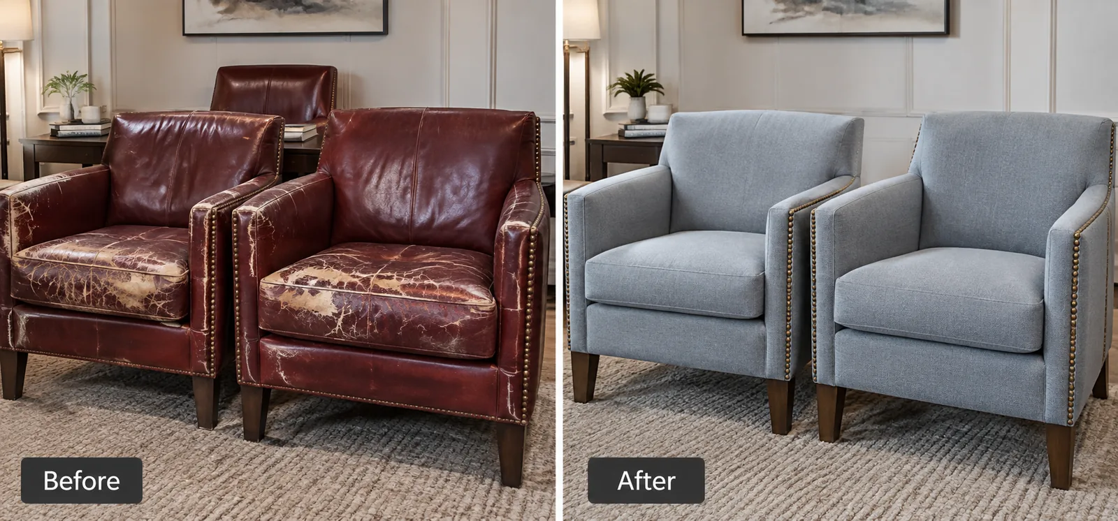 A pair of burgundy leather club chairs cracked across the seats and arms, and the same pair recovered in blue-grey fabric with the nailhead trim replaced