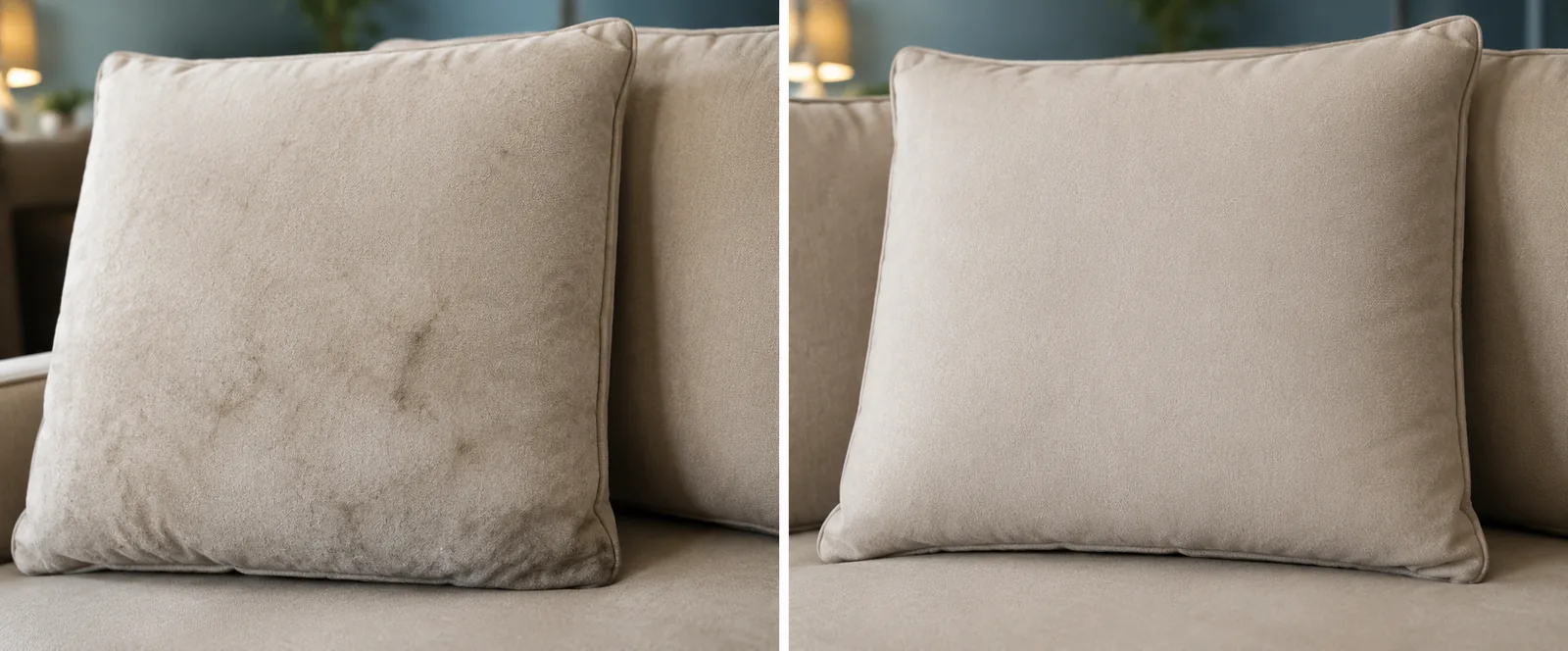A taupe scatter cushion marked across the face, and the same cushion in a new taupe cover