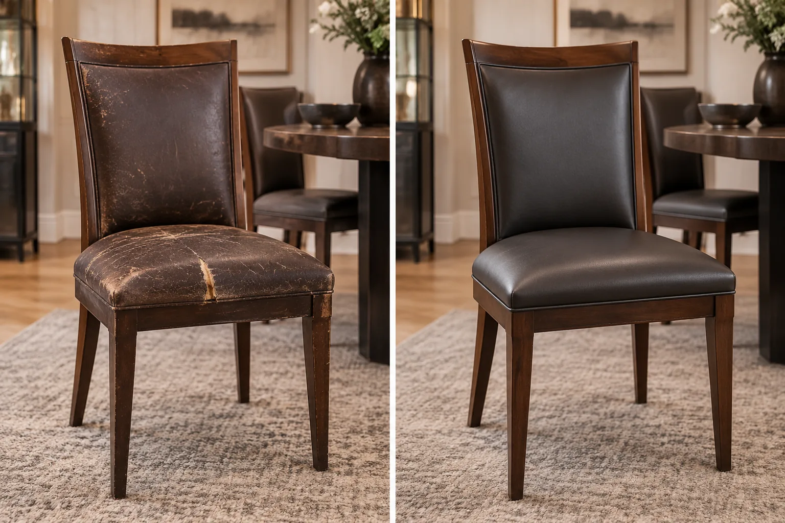 A dining chair with the leather back panel split and peeling, and the same chair recovered in dark brown leather