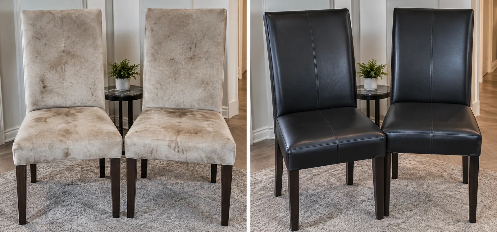 Two dining chairs with stained pale covers, and the same pair recovered in black leather