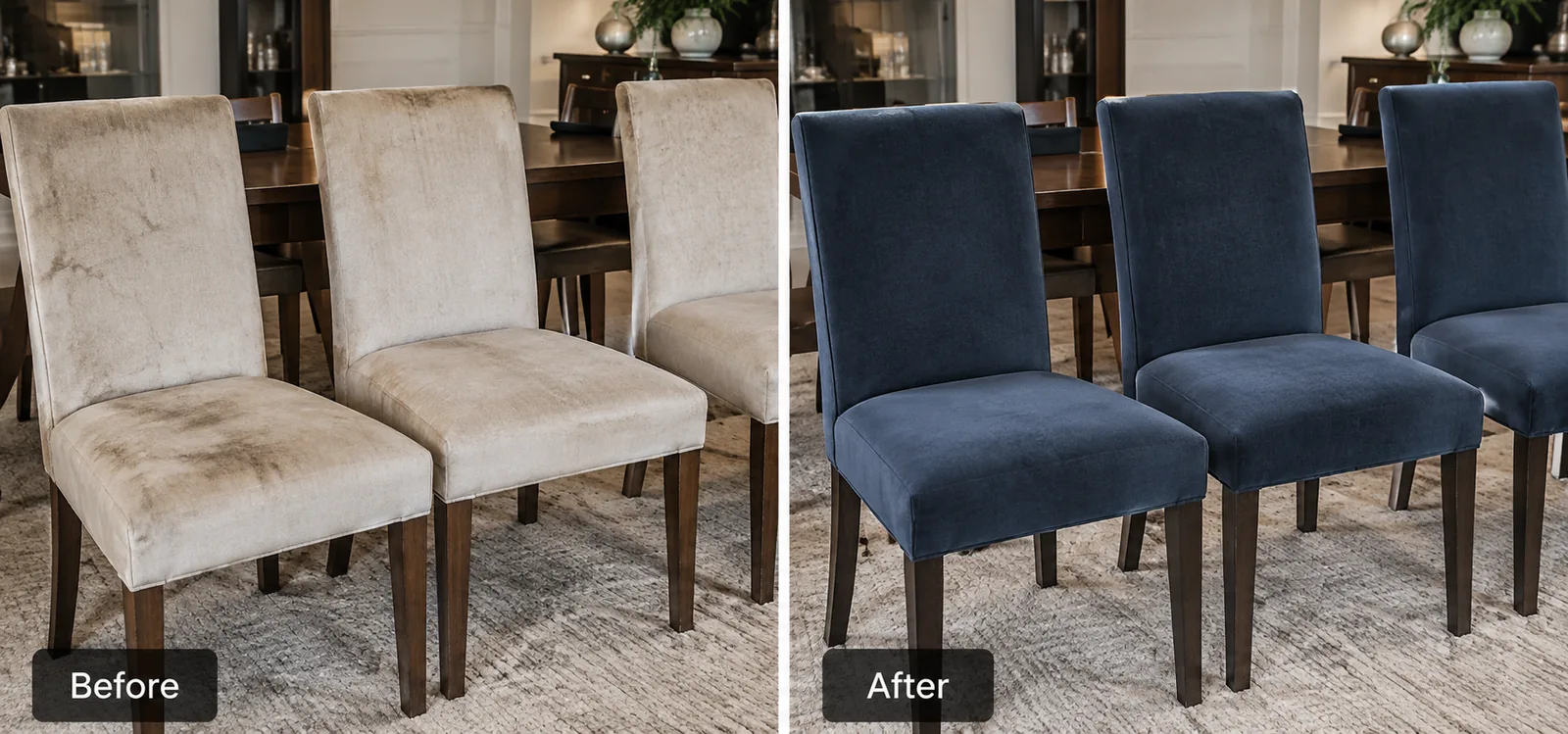 Three dining chairs with cream covers stained across the seats and backs, and the same three recovered in navy