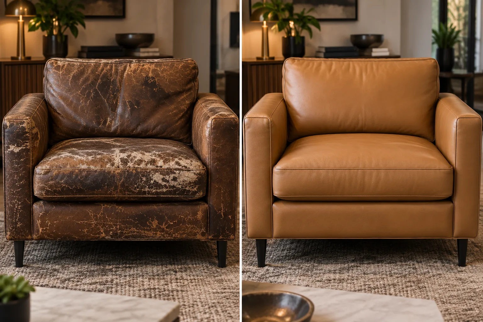 A brown leather armchair cracked and flaking over the whole seat and arms, and the same armchair recovered in tan leather