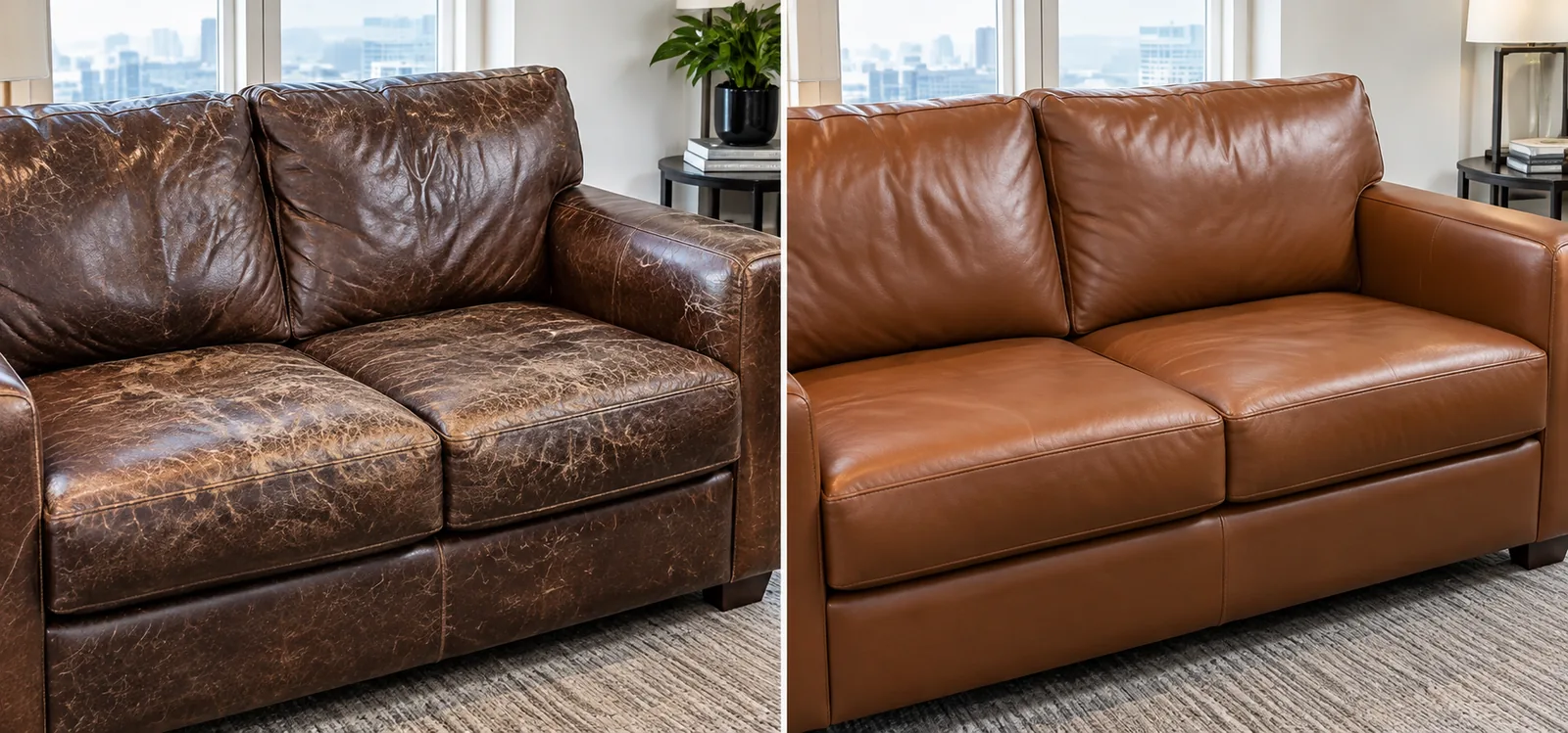 A two-seat leather loveseat cracked and flaking across both cushions, and the same loveseat recovered in smooth cognac leather