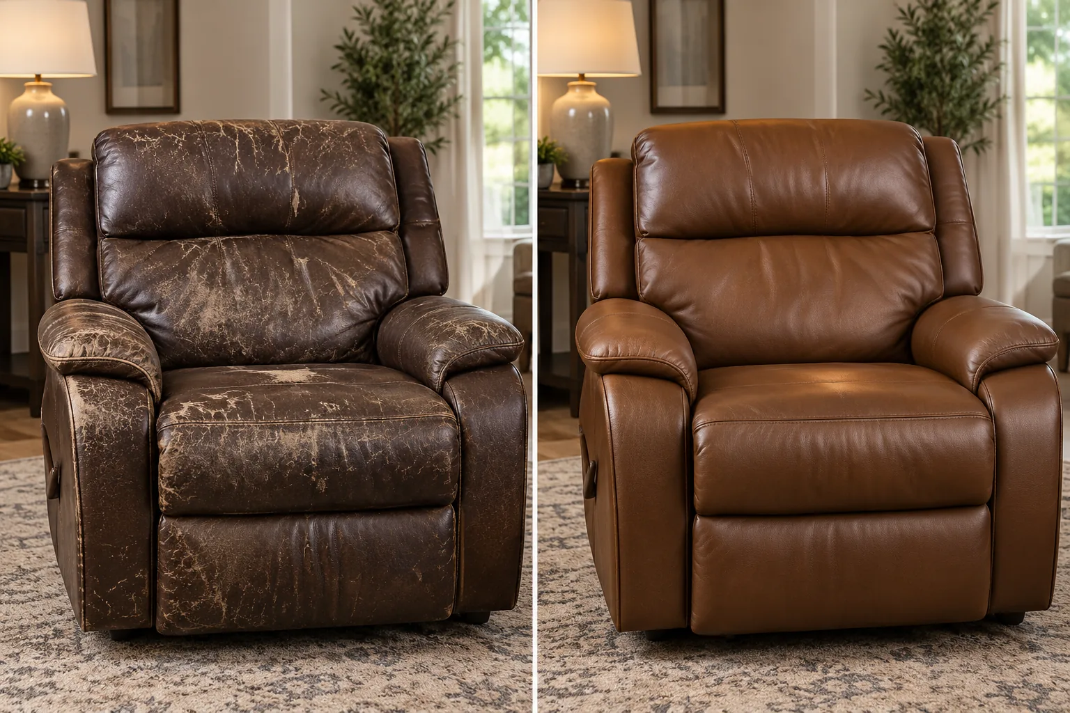 A dark brown leather recliner cracked across the back, seat and arms, and the same recliner recovered in tan leather