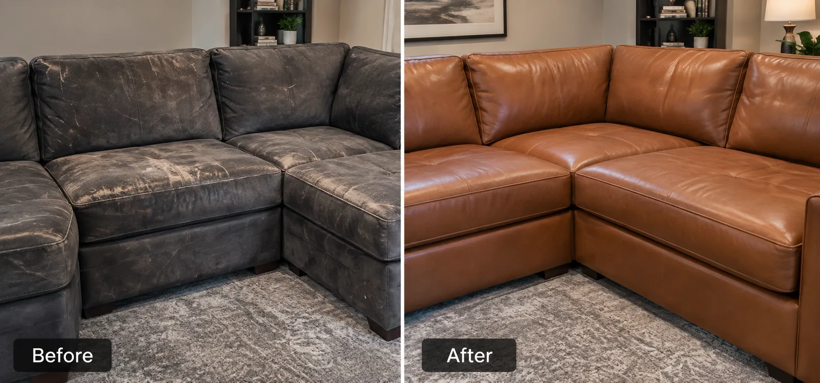 A dark grey leather corner sectional worn through along the seats and arms, and the same sectional recovered in cognac leather