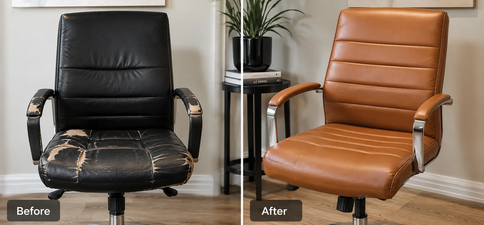A black leather desk chair with the seat and arm pads split open, and the same chair recovered in ribbed tan leather