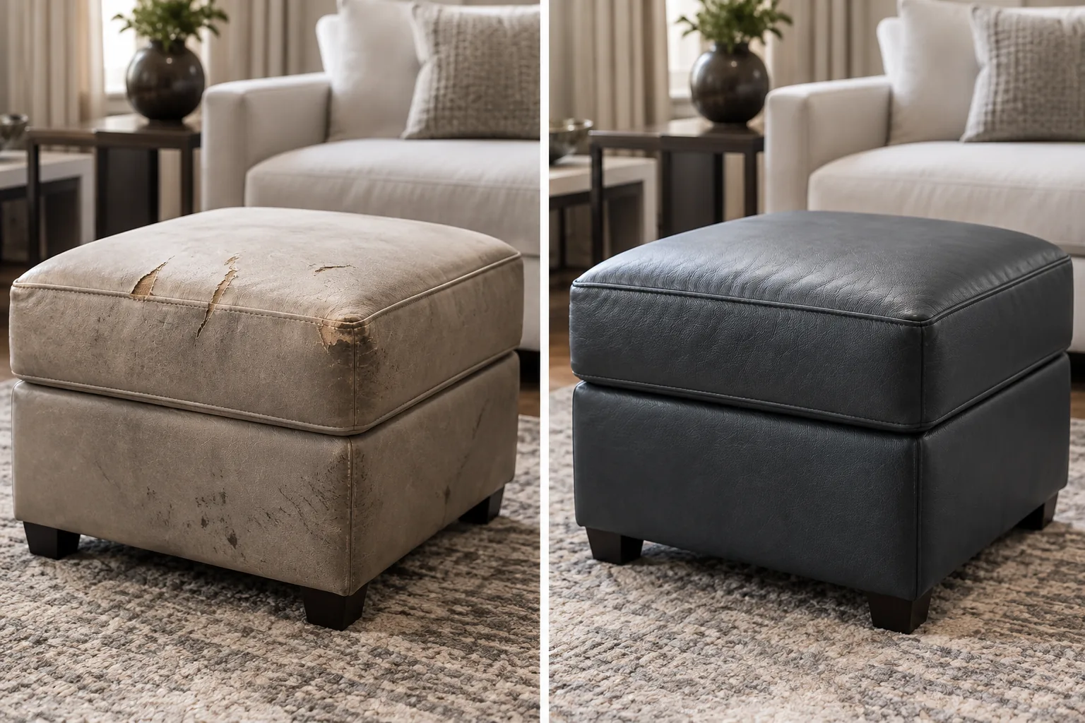 A small beige ottoman scuffed and split along the top seam, and the same ottoman recovered in near-black leather