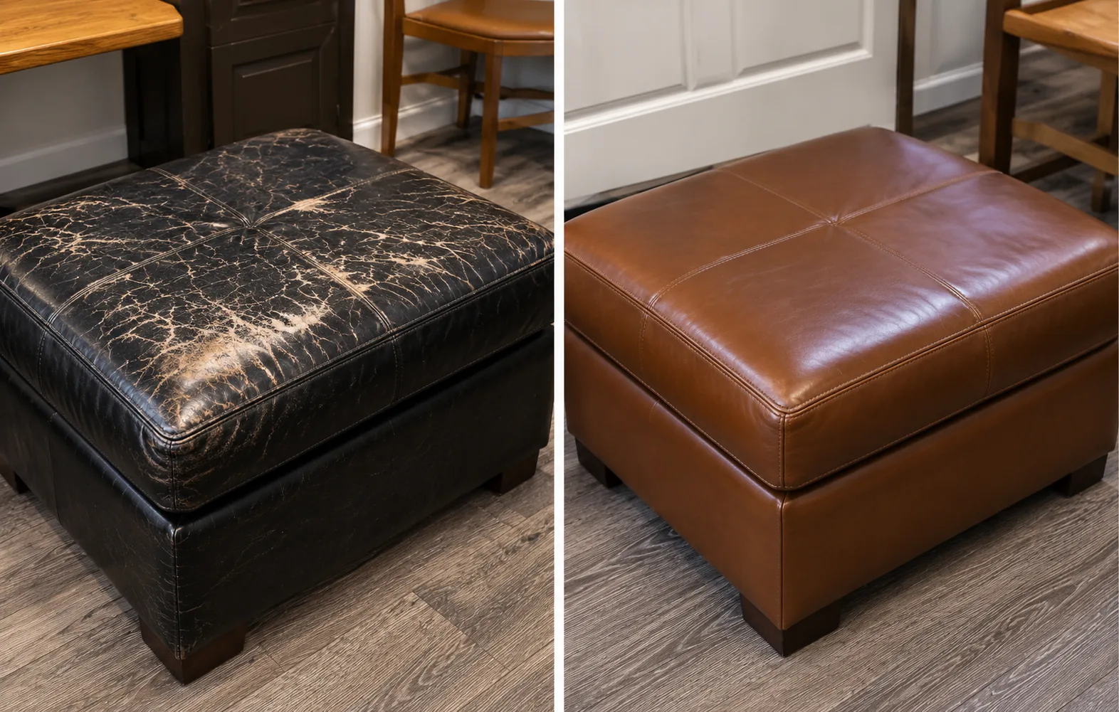 A square ottoman in black leather cracked and flaking across the top, and the same ottoman recovered in tan leather