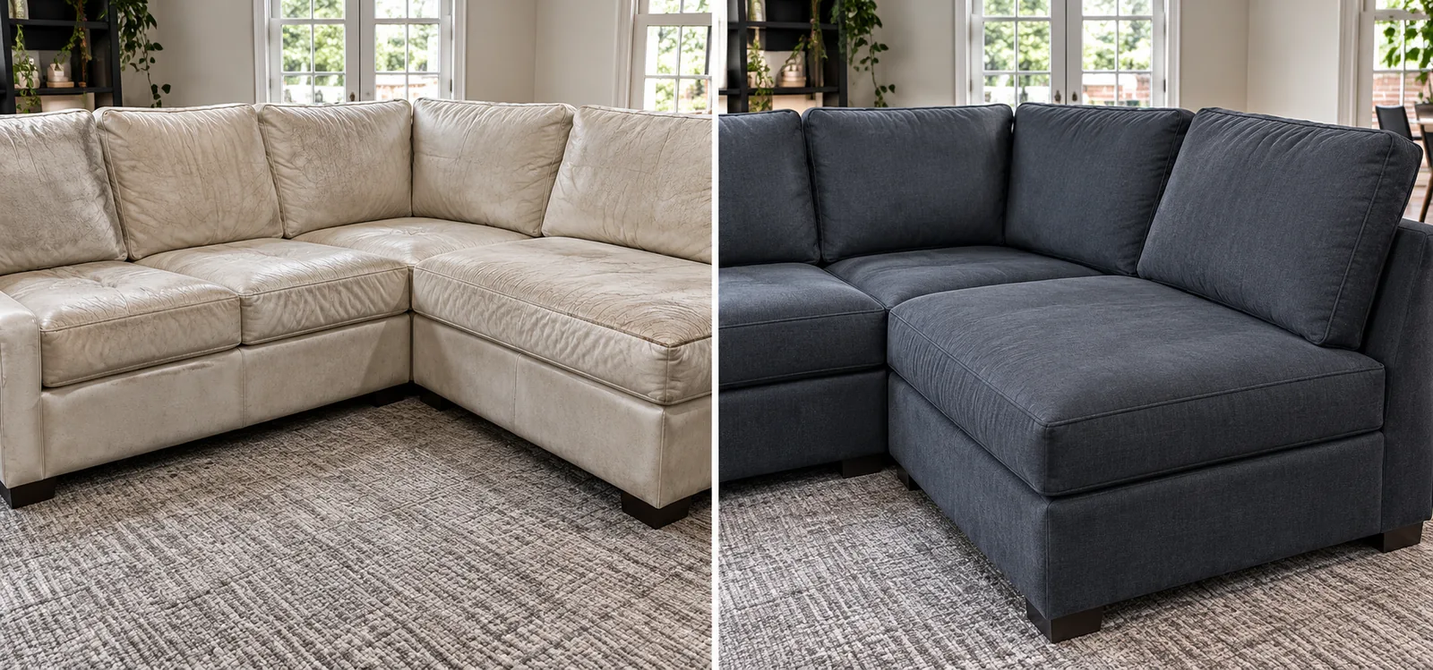 A cream corner sectional worn thin along the seats and chaise, and the same sectional recovered in charcoal