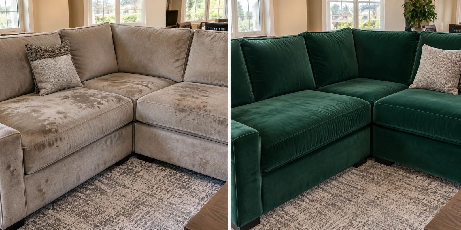 A pale corner sectional marked and flattened across the seats, and the same sectional recovered in emerald velvet