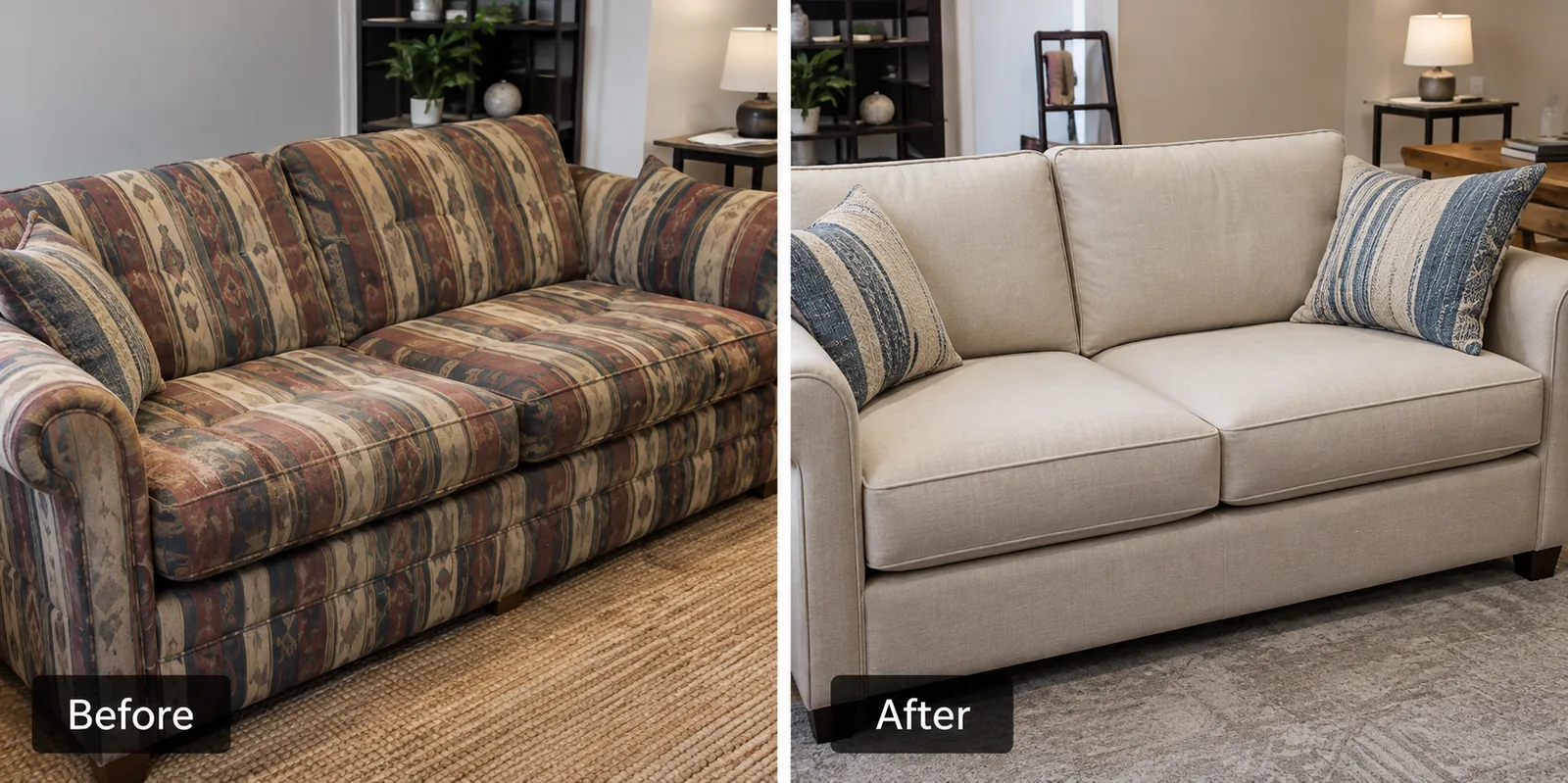 A three-seat sofa in a dated striped weave, and the same sofa recovered in plain cream fabric