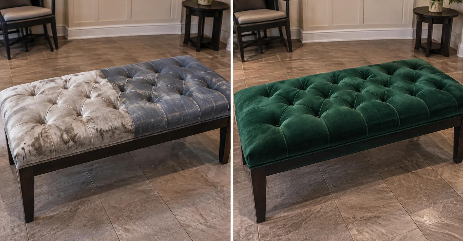 A deep-buttoned bench with the cover stained and pulling away, and the same bench recovered in emerald velvet with the buttoning re-tied