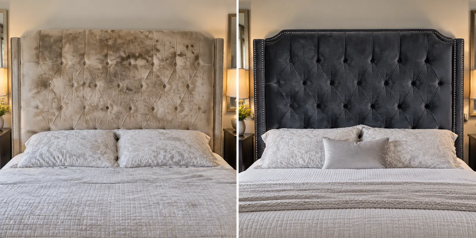 A buttoned bed headboard in worn pale velvet, and the same headboard recovered in charcoal velvet with the buttoning re-tied and nailhead trim set along the wing