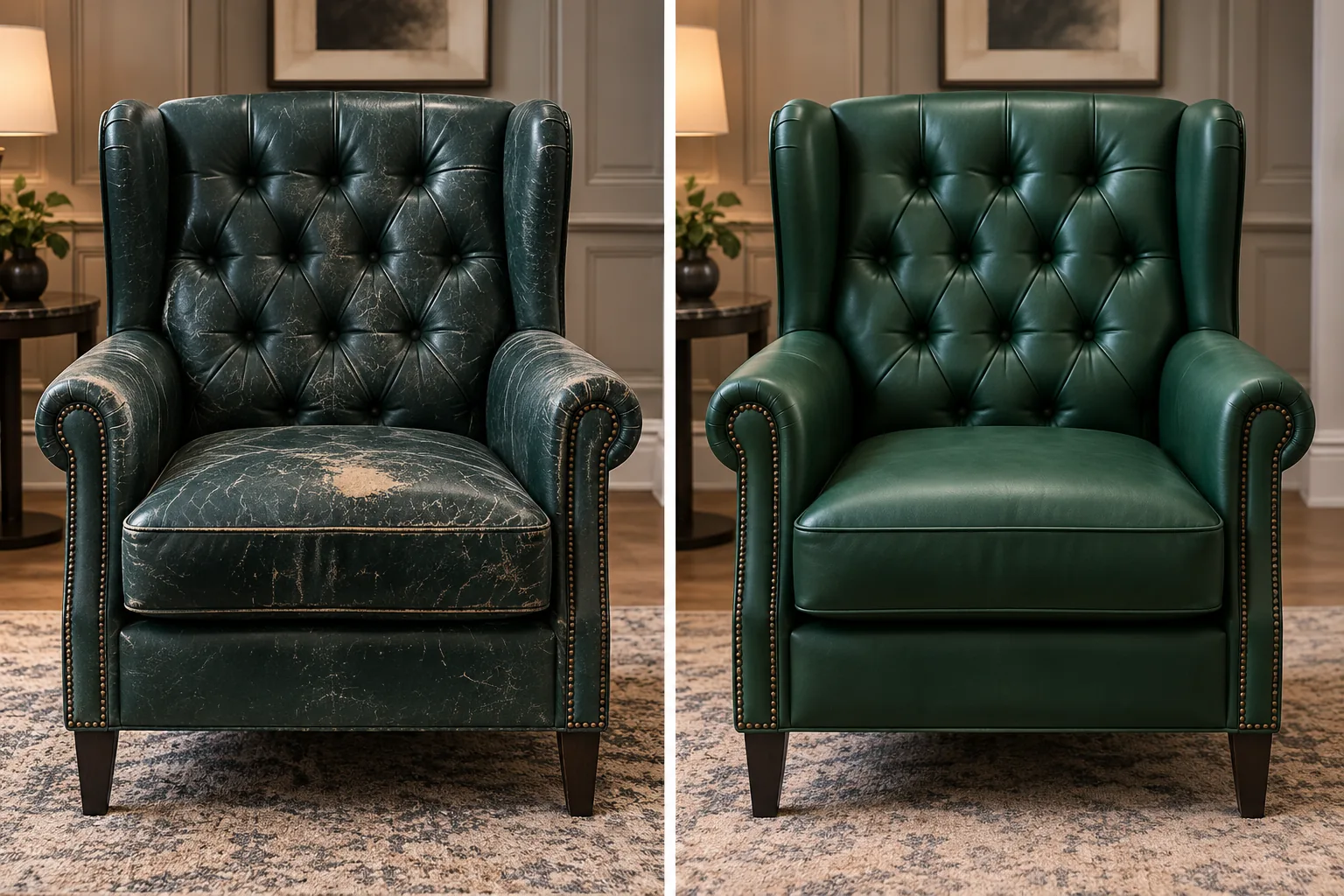 A buttoned green leather wing chair worn through on the seat and arm fronts, and the same chair recovered in green leather with the buttoning re-tied