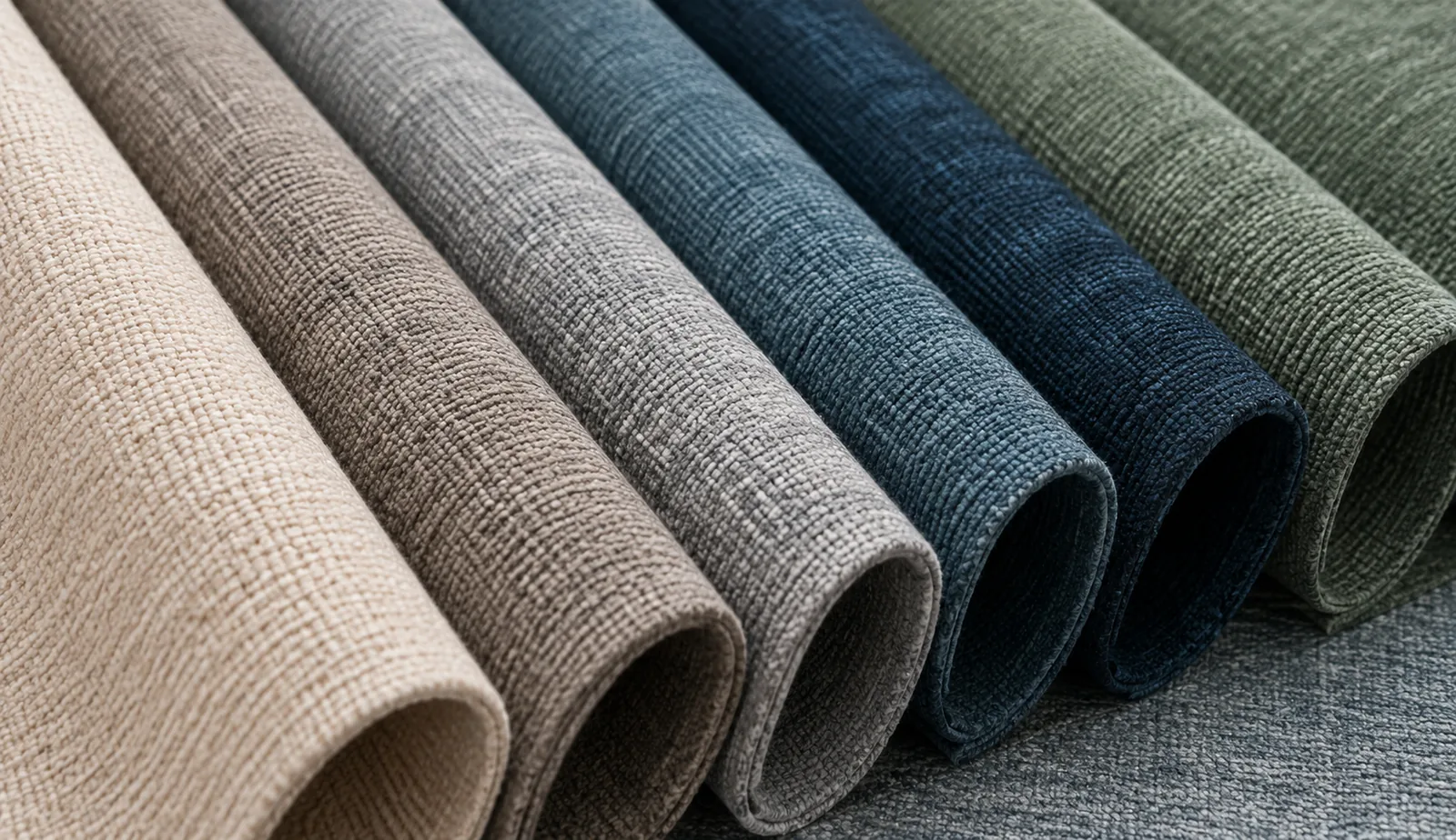 Seven rolls of woven upholstery fabric in oatmeal, taupe, grey, slate blue, navy and olive