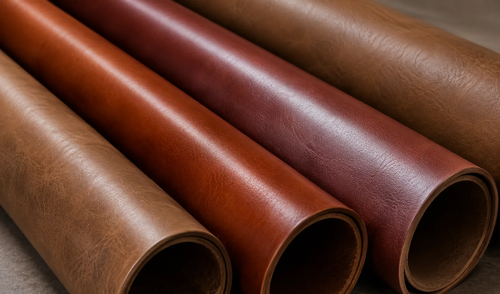 Four rolls of upholstery leather laid side by side in tan, cognac, oxblood and mid brown