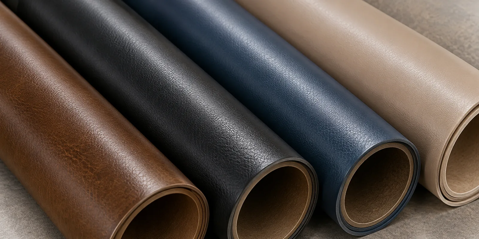 Four rolls of upholstery vinyl in brown, black, navy and taupe, each with an even printed grain