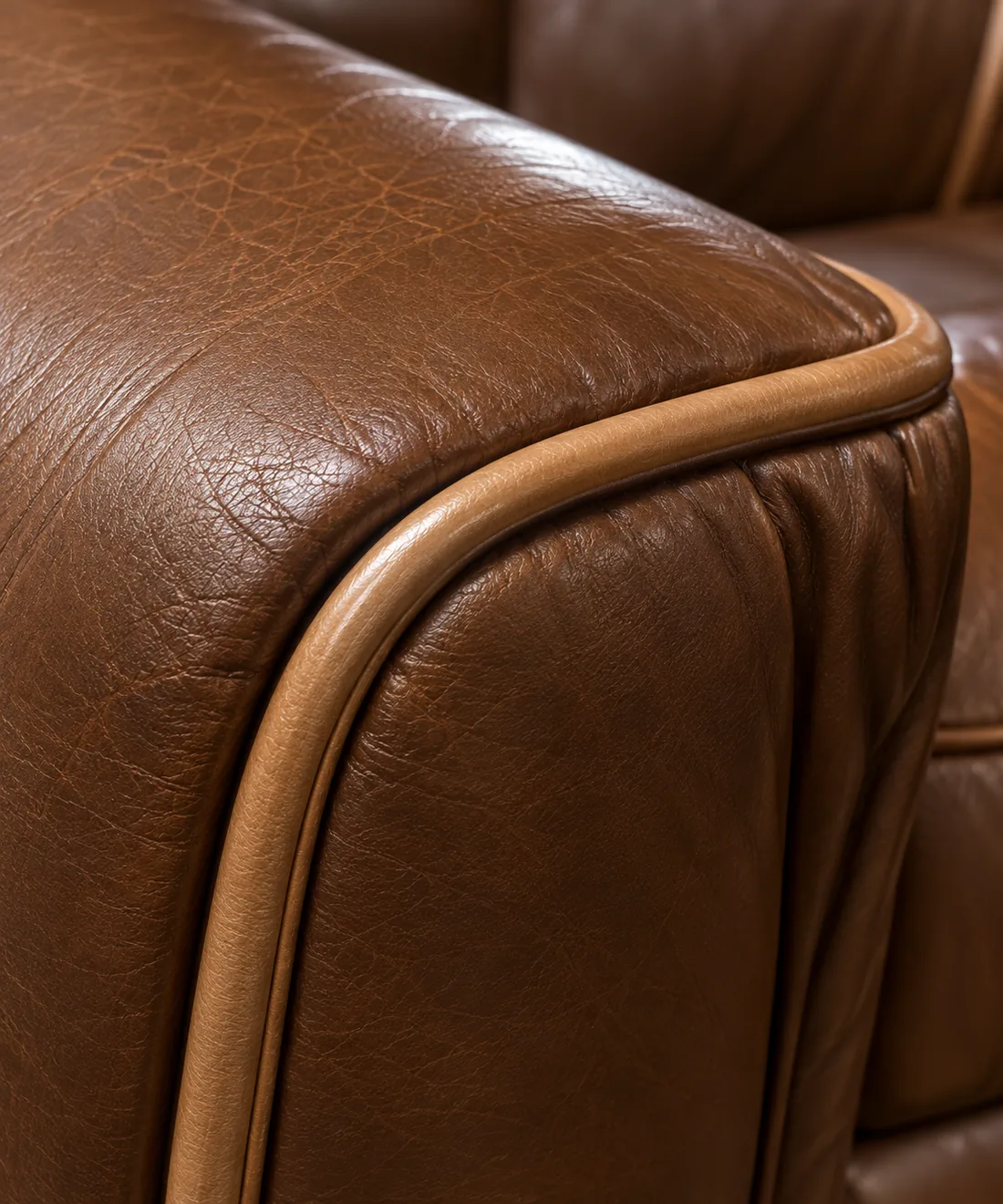 A close view of a brown leather arm finished with a contrasting tan piped cord that follows the roll of the arm