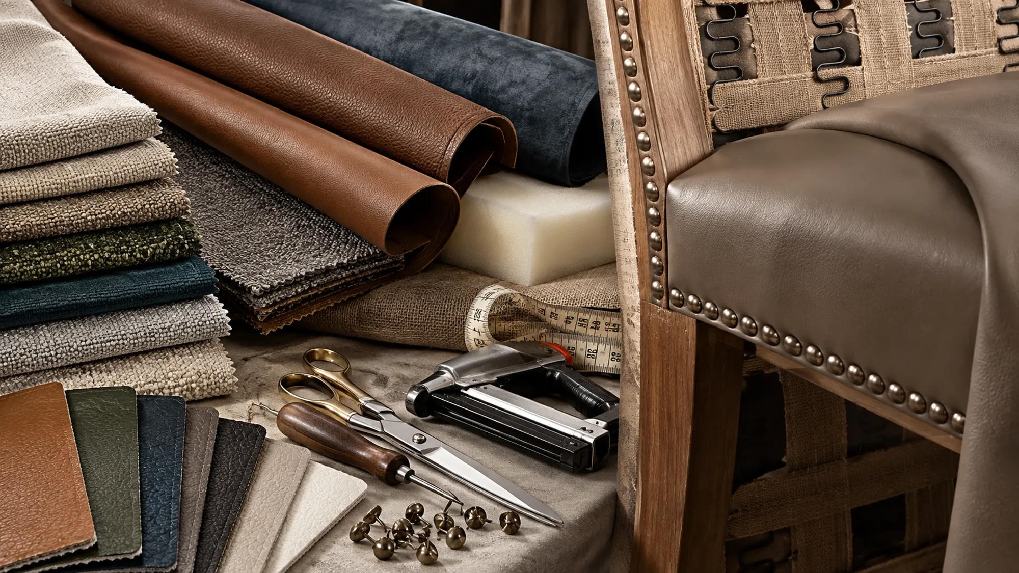 Leather hides, upholstery fabric and a stripped wooden chair frame on a workshop bench