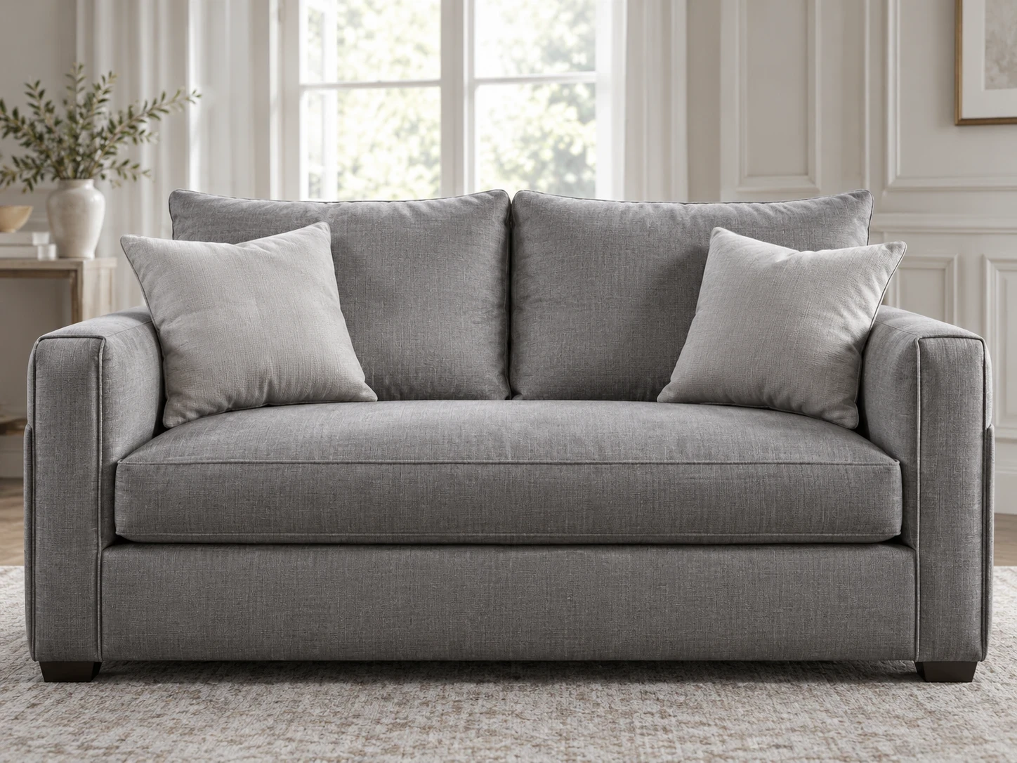 A grey two-seat sofa recovered with new upholstery and scatter cushions