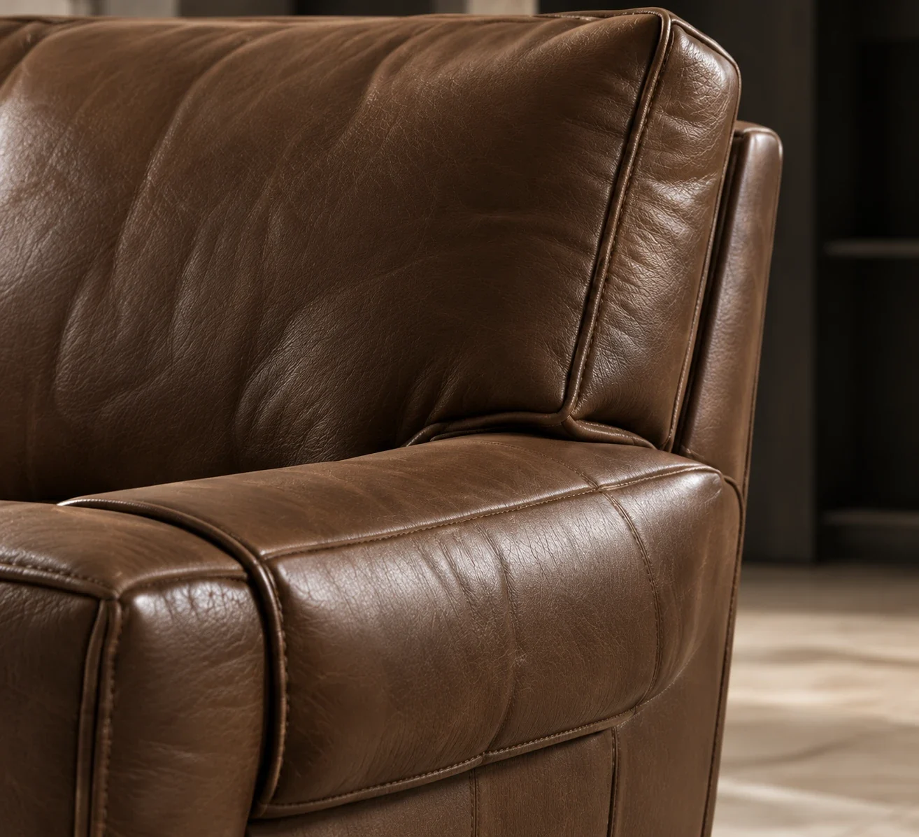 Close view of a brown leather chair arm and back cushion showing soft natural creasing