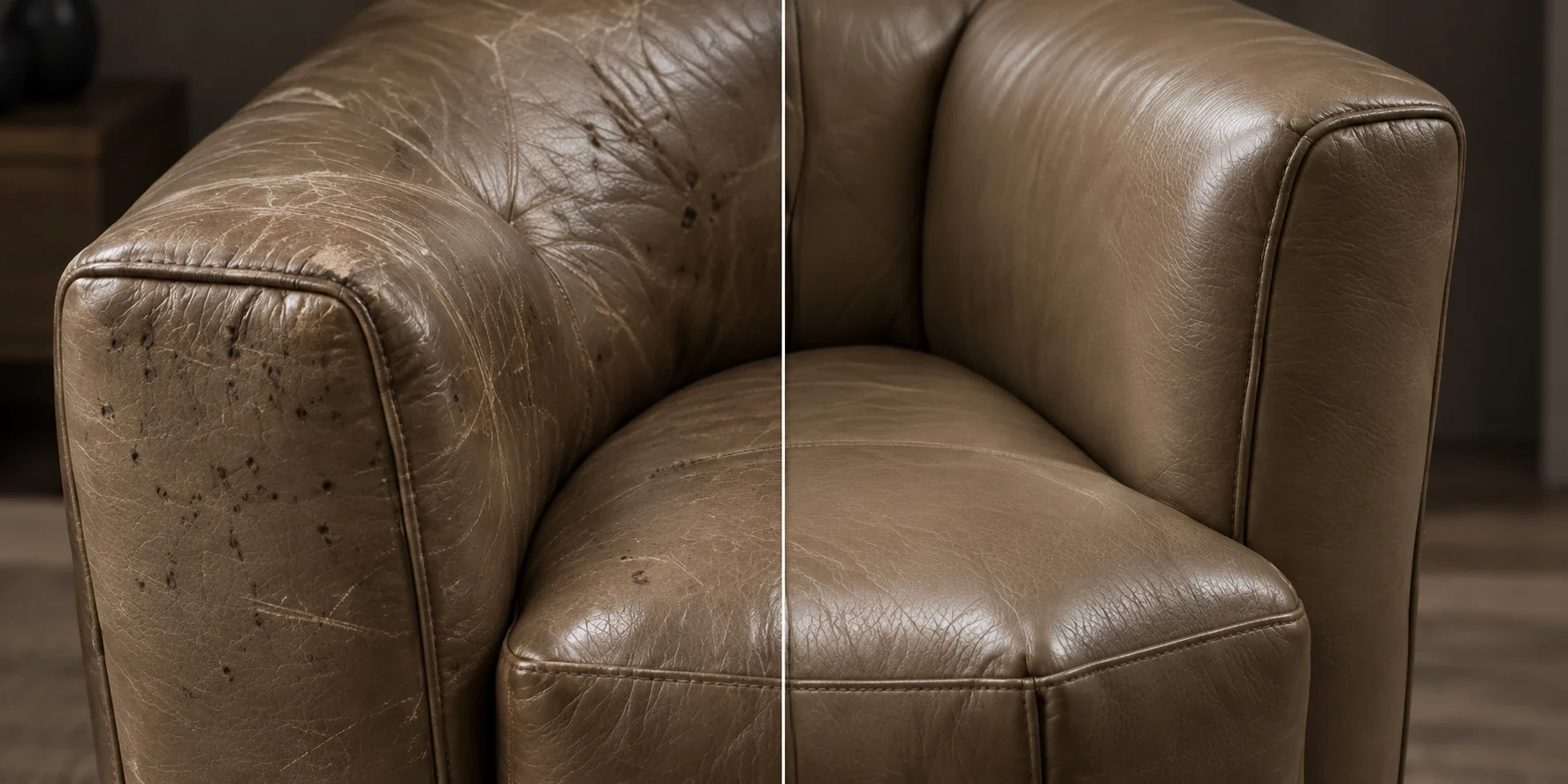 Before and after on an olive-brown leather armchair: dark spotting and scuffing on the arm cleared and recoloured