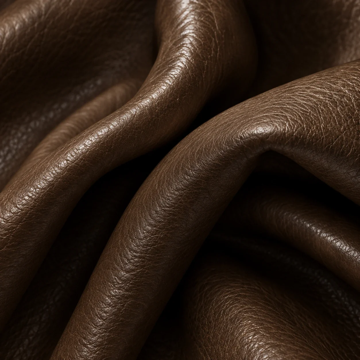 Soft brown upholstery leather draped into deep folds, showing its natural grain
