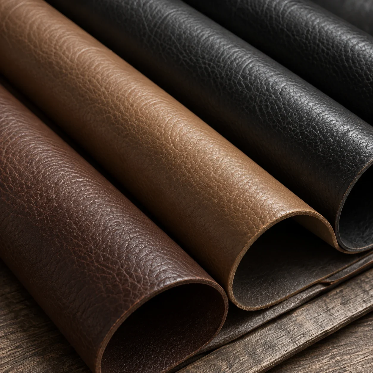 Rolled upholstery hides in black, cognac and dark brown resting on a worn workbench