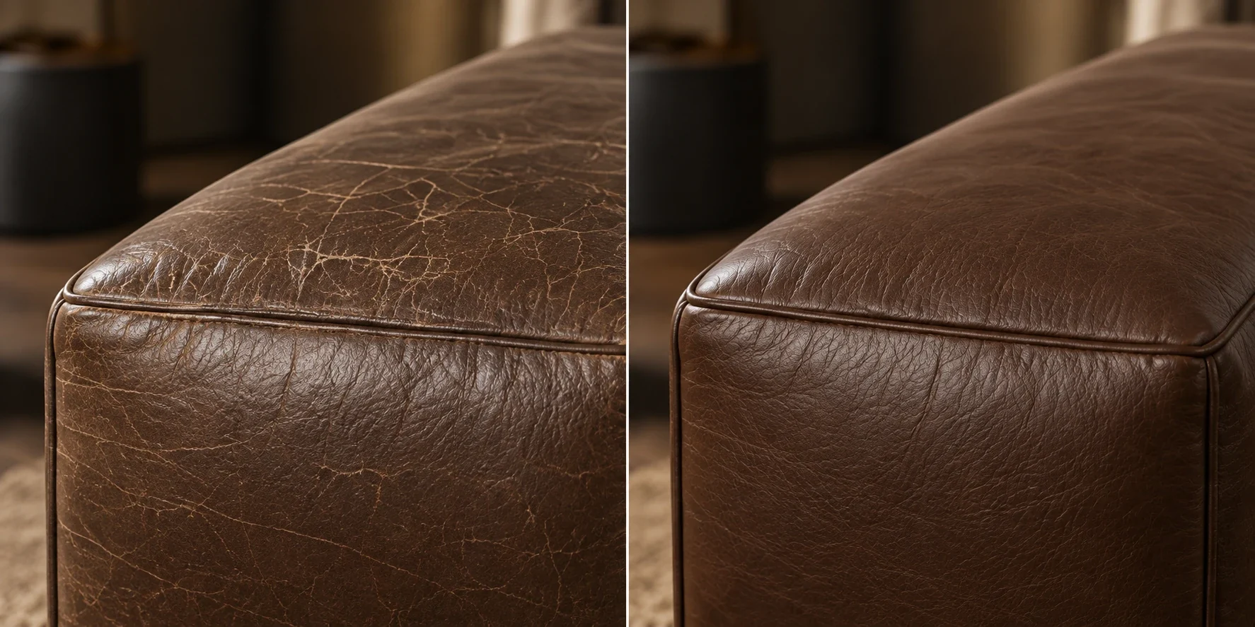 Before and after on a brown leather ottoman: a crazed, dried-out top restored to an even grain