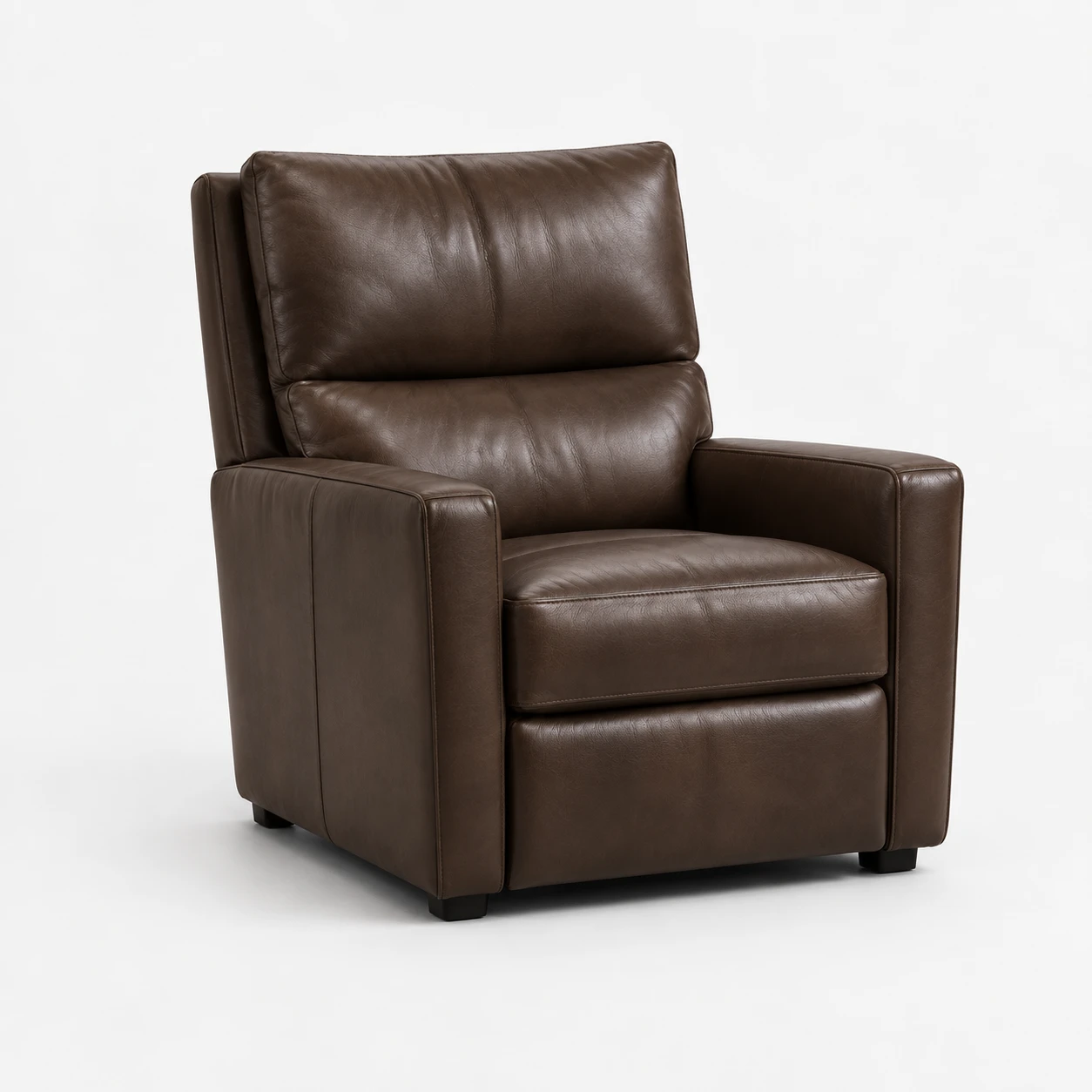 Brown leather recliner with a squared-off frame and padded arms