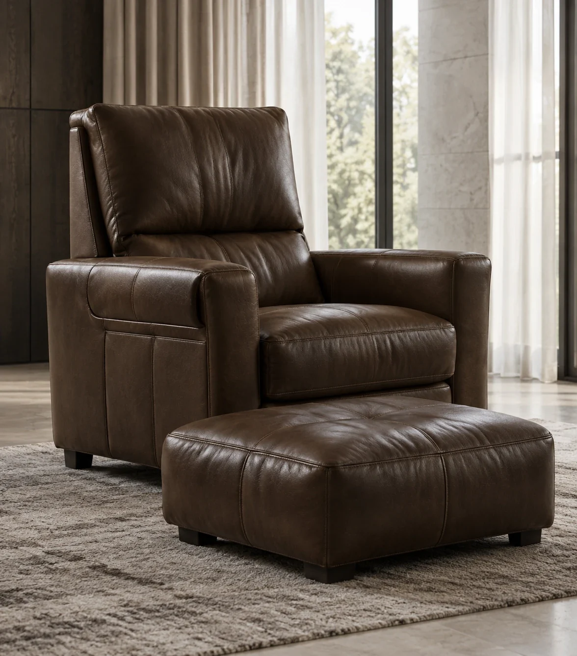 Brown leather recliner and matching ottoman on a wool rug beside tall curtains