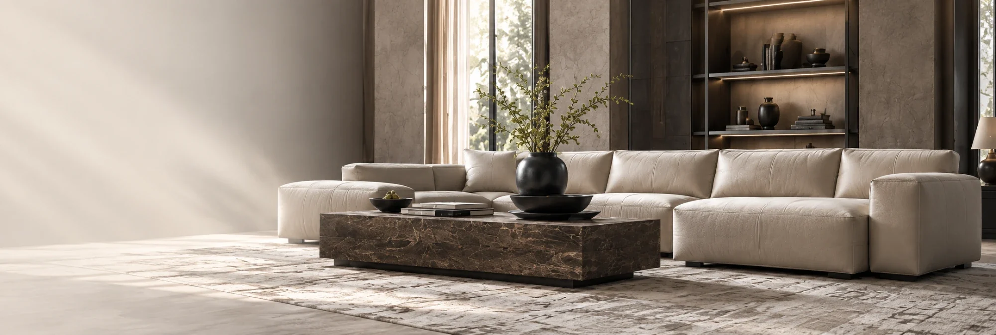 Cream leather modular sectional with a stone coffee table in a sunlit room