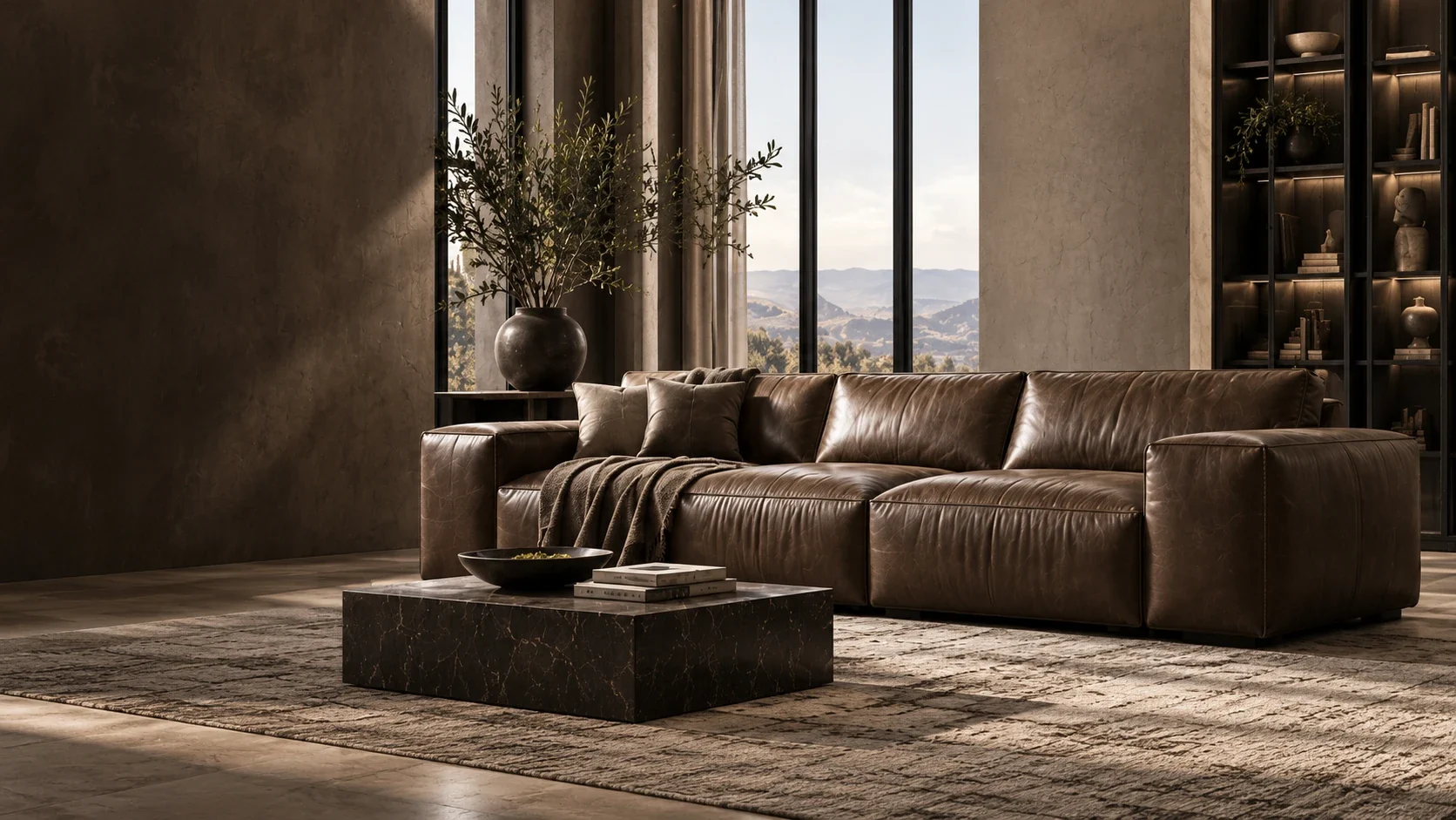 Deep brown RH-style leather sectional in a stone-walled living room with floor-to-ceiling windows