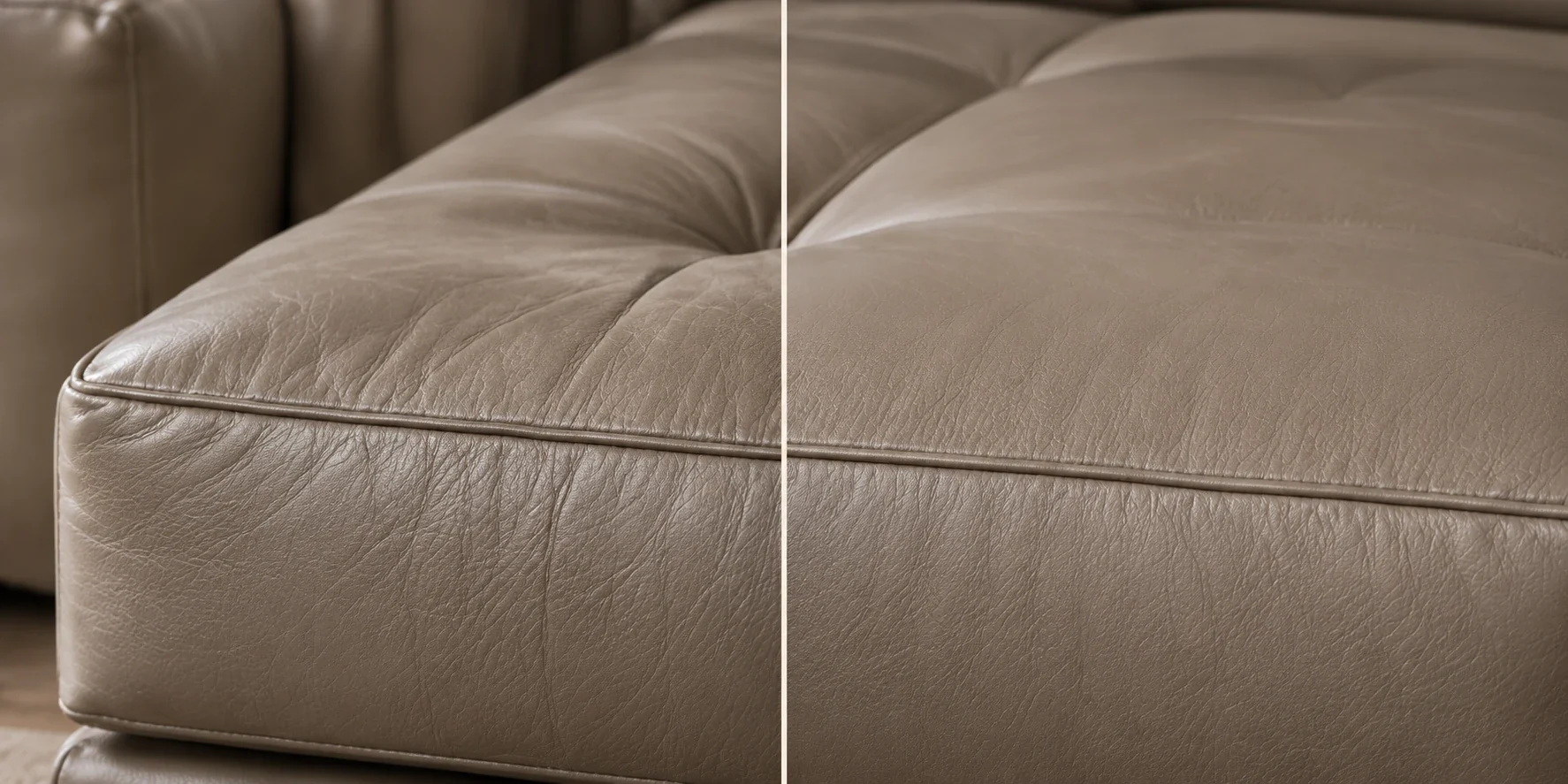 Before and after on a taupe leather sectional seat: heavy creasing and surface wear smoothed and refinished